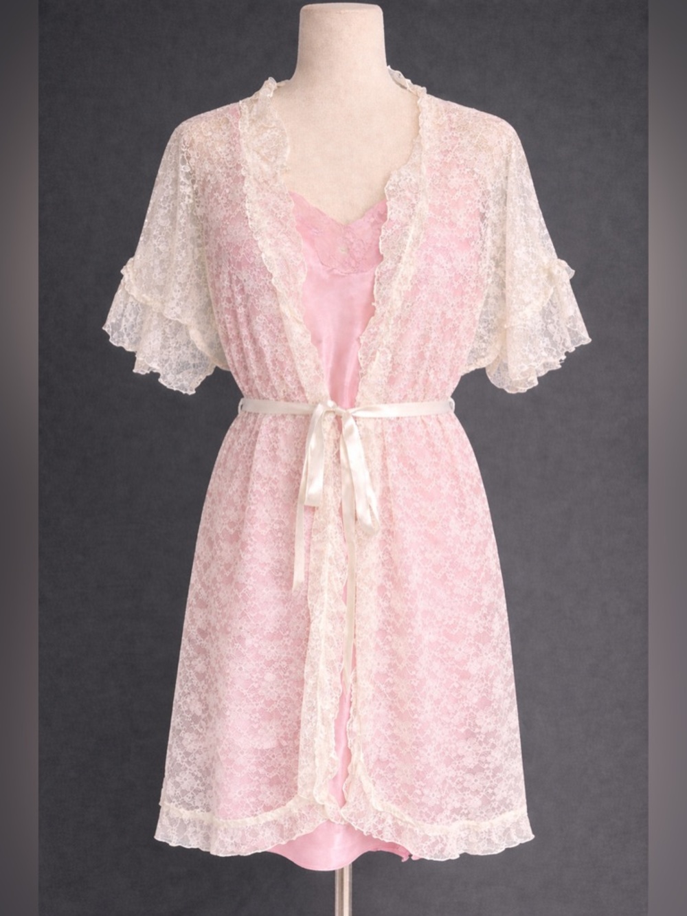Lacy robe w/ ribbon tie - Bloom by Jonquin. Added vintage pink slip- both L